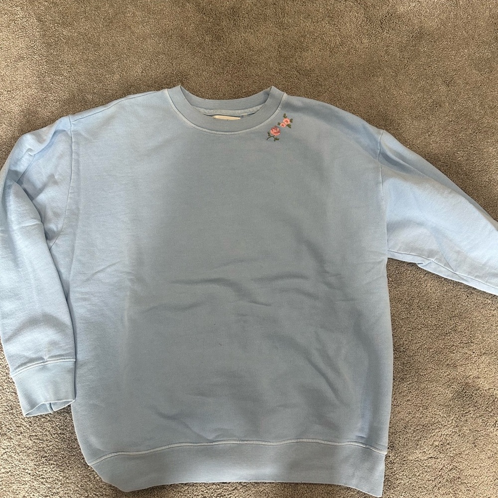 LoveShackFancy Light Blue Sweatshirt with Floral Embroidery